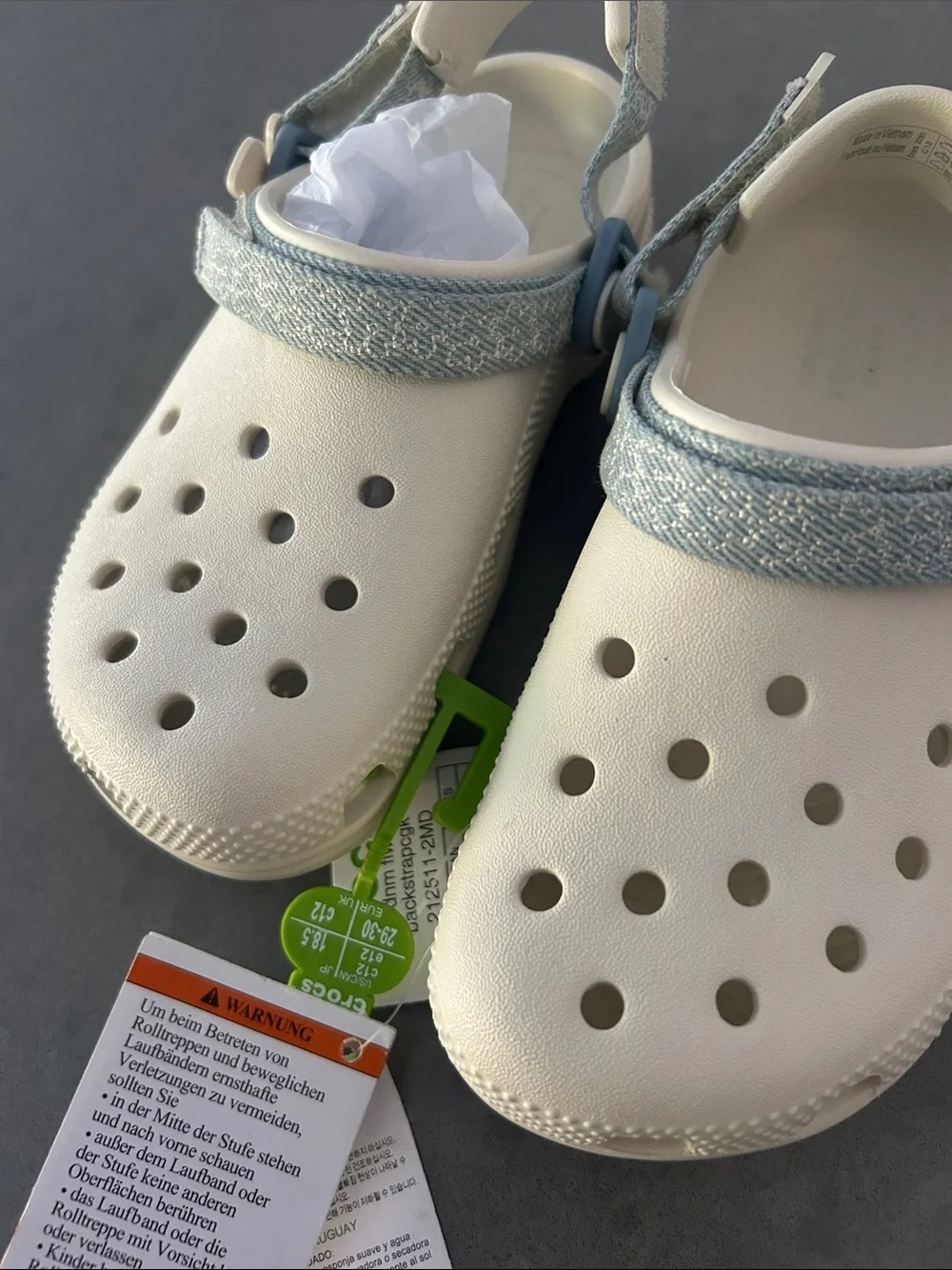 NWT girls white Crocs with denim detail
